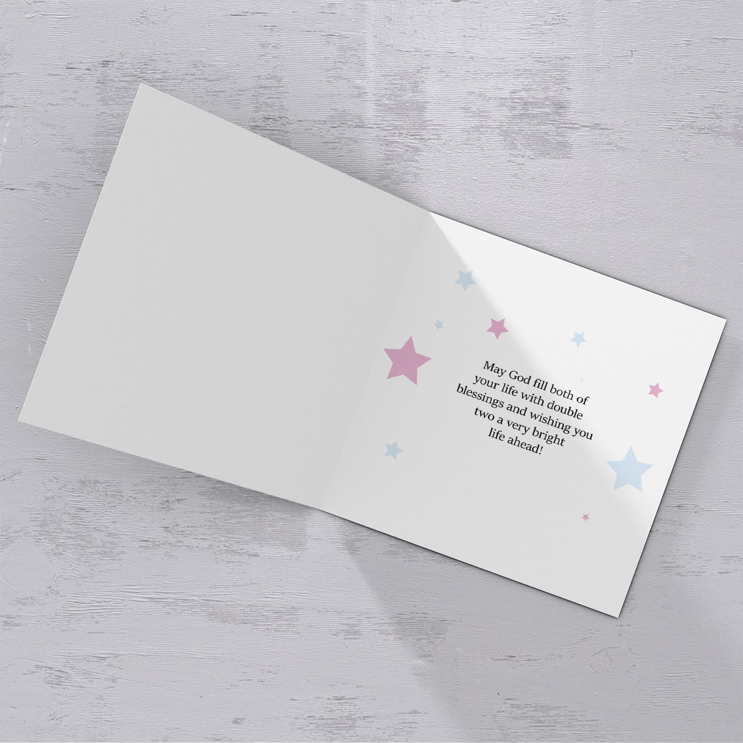 Twins birthday card with 2 hanging stars in pink and blue and striped border in English (Personalisable)