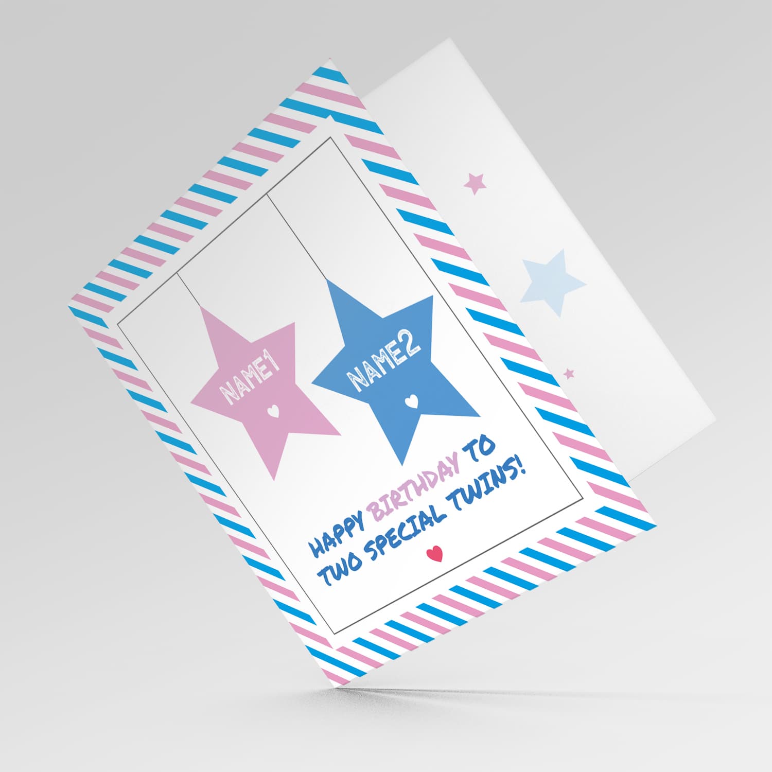 Twins birthday card with 2 hanging stars in pink and blue and striped border in English (Personalisable)