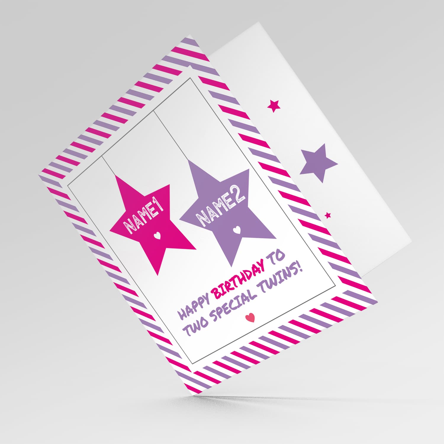 Twins birthday card with 2 hanging stars in pink and purple and striped border in English (Personalisable)