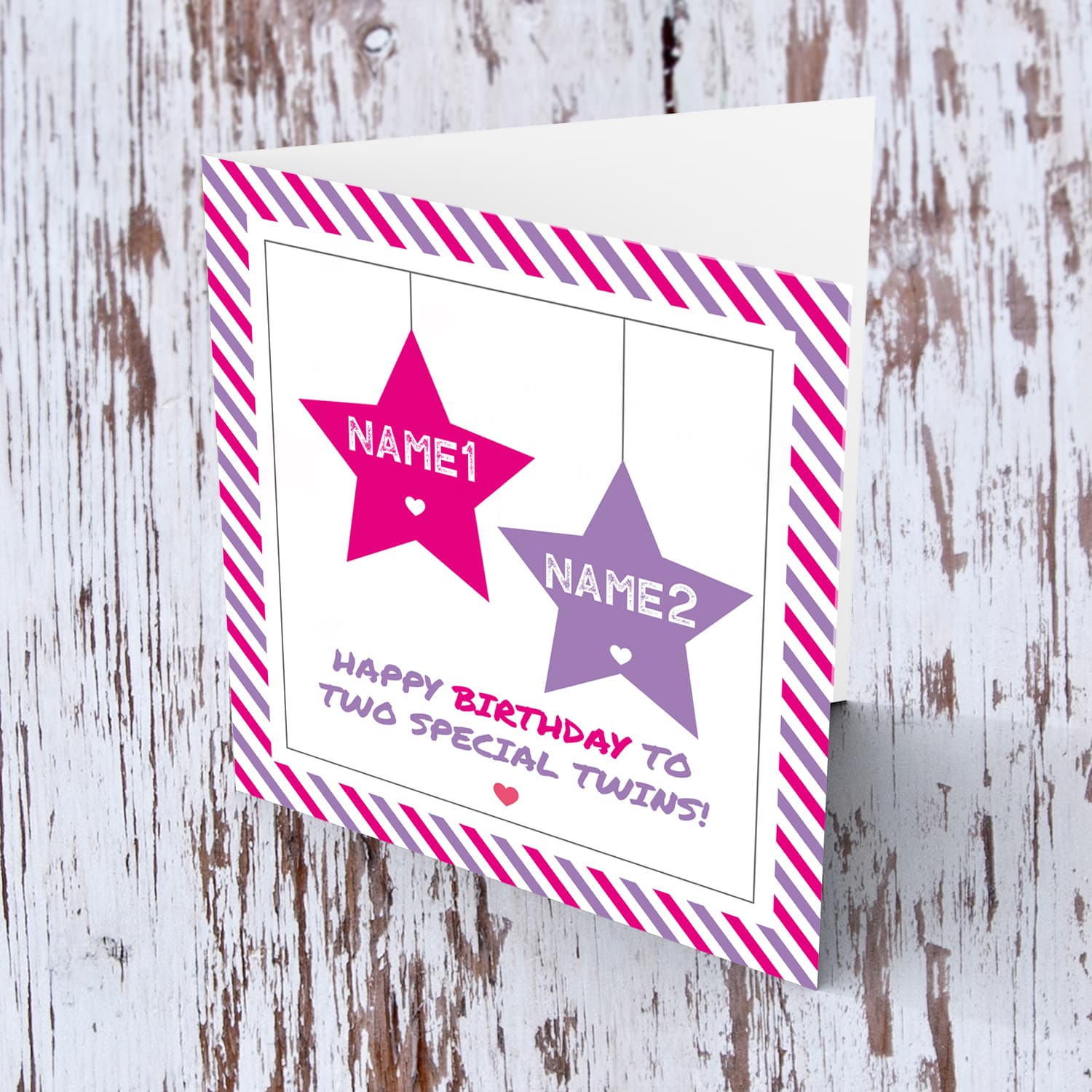 Twins birthday card with 2 hanging stars in pink and purple and striped border in English (Personalisable)