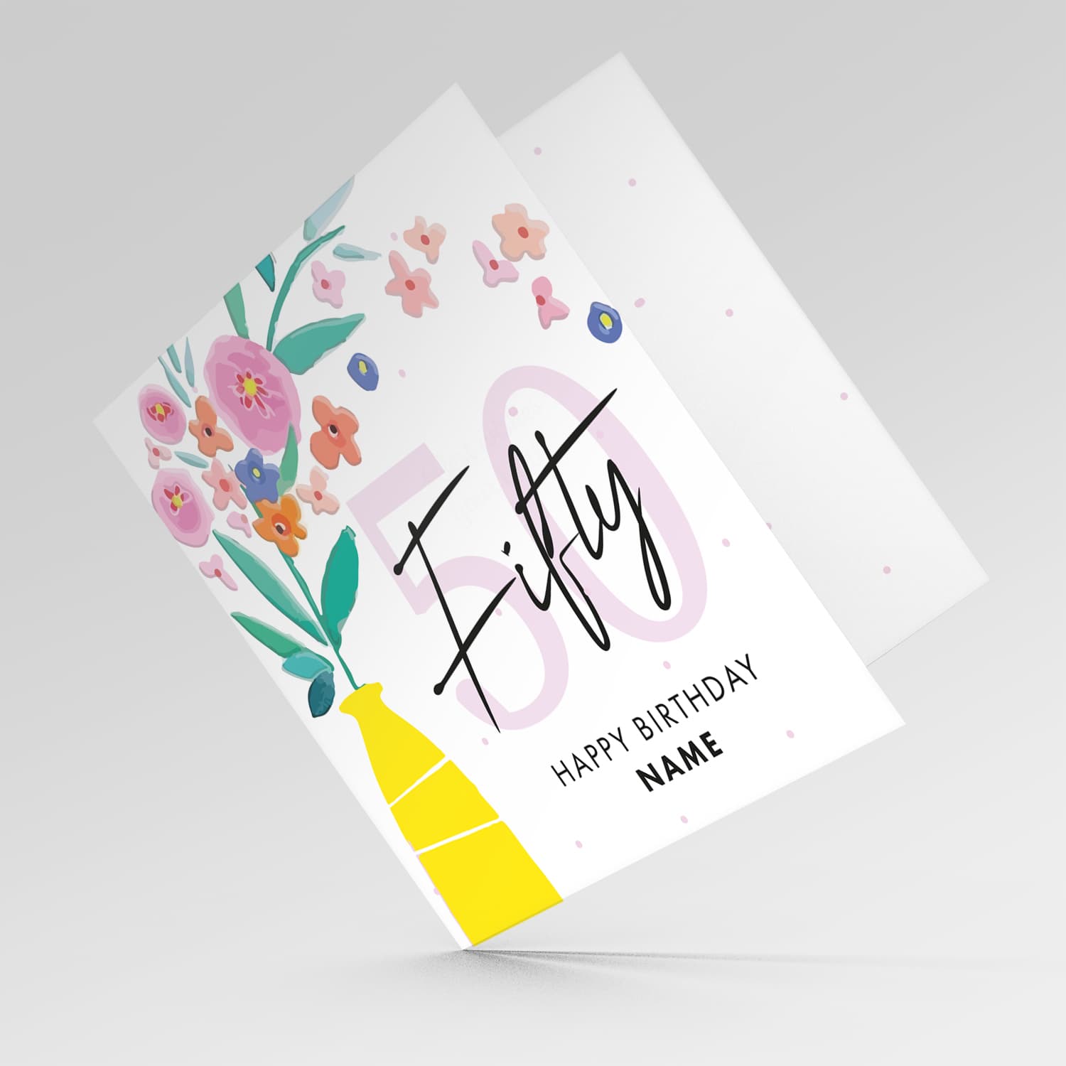 50th birthday card with vase and flowers in English (Personalisable)