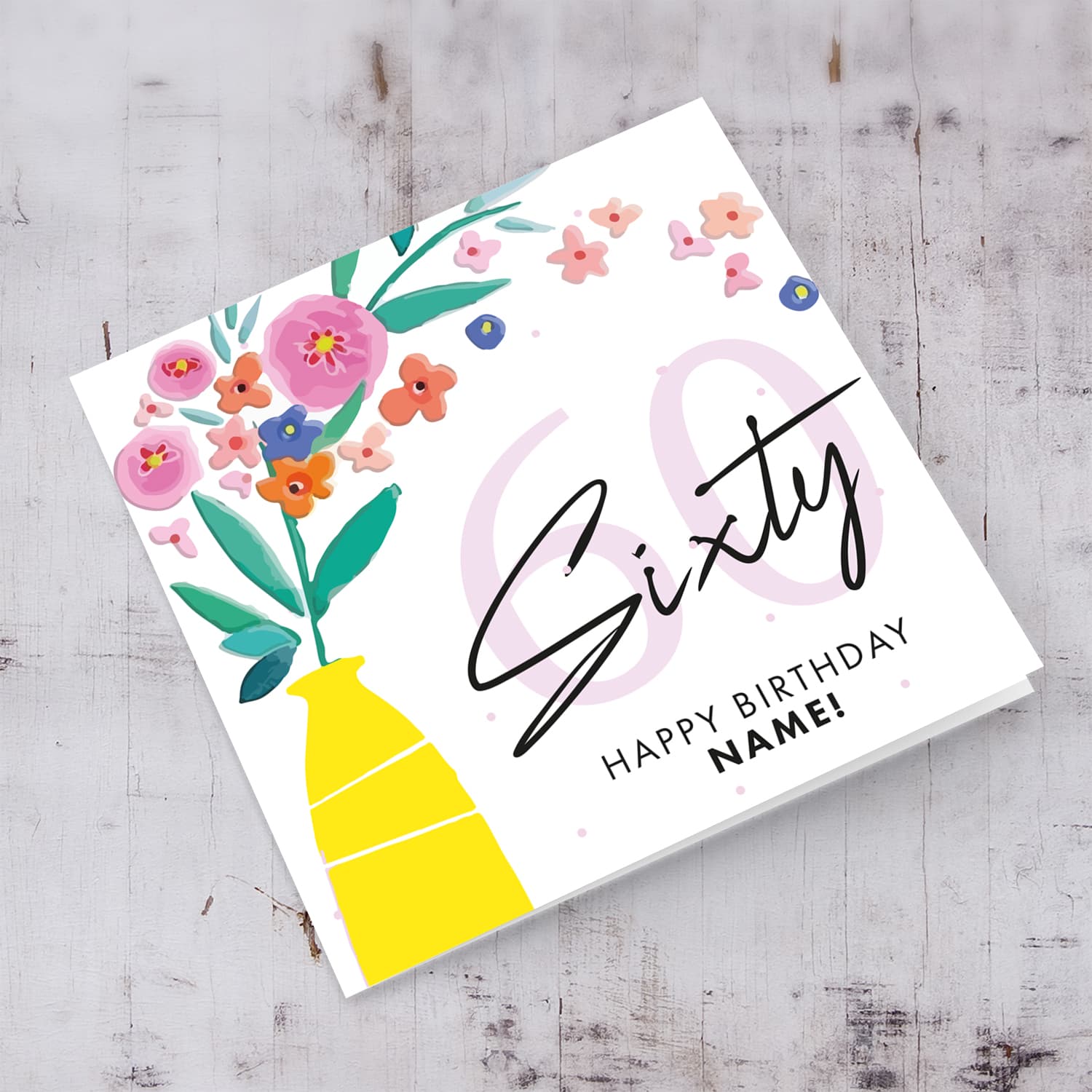 60th birthday card with vase and flowers in English (Personalisable)