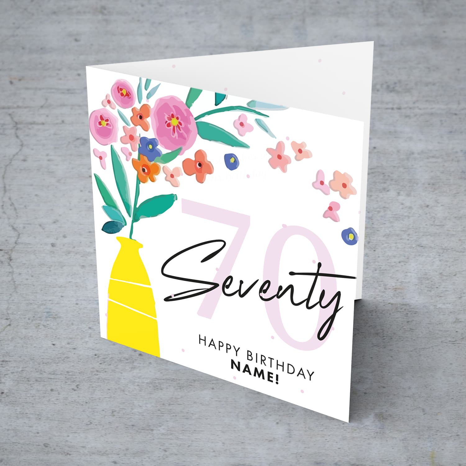 70th birthday card with vase and flowers in English (Personalisable)