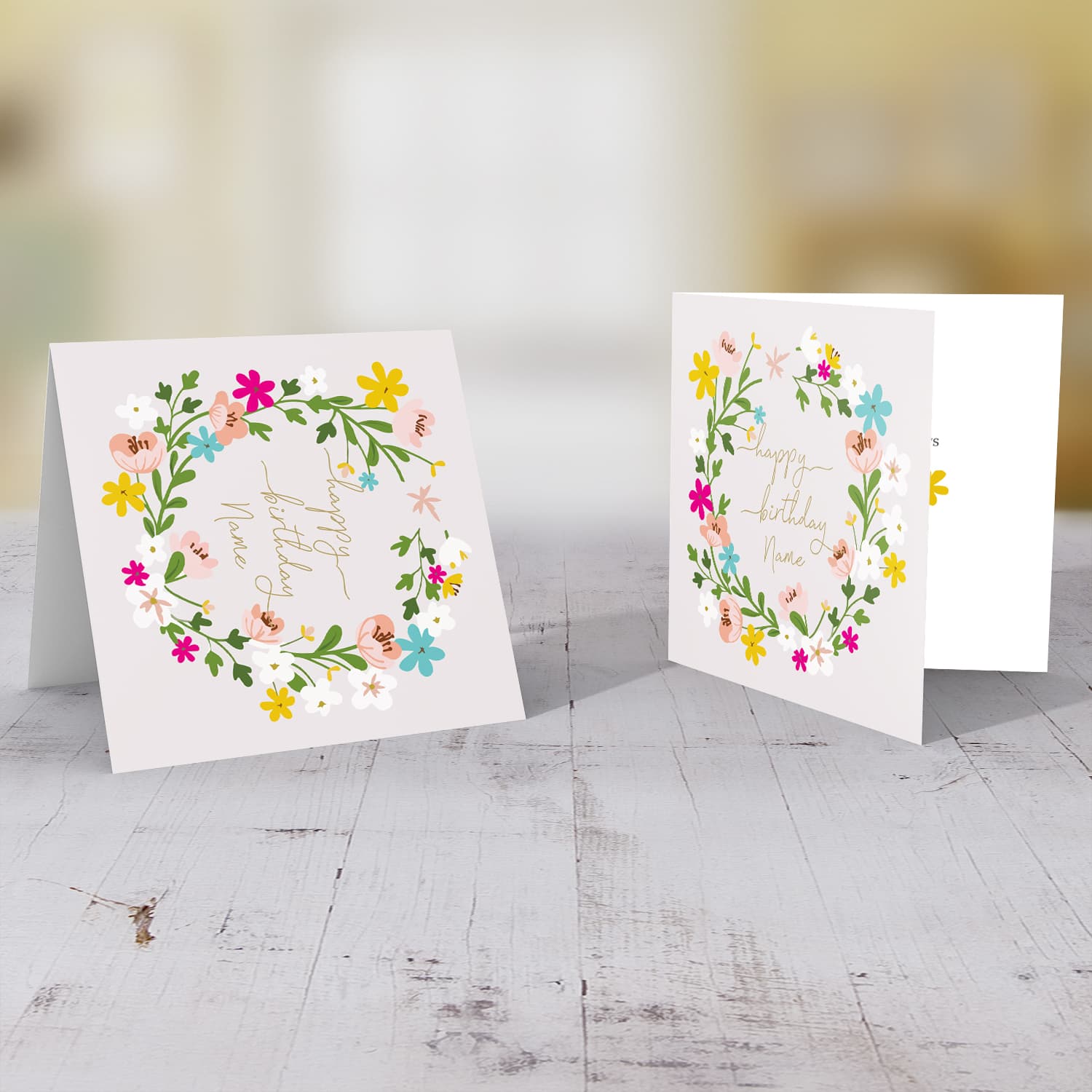 Colourful floral themed birthday card with light pink background in English (personalisable)