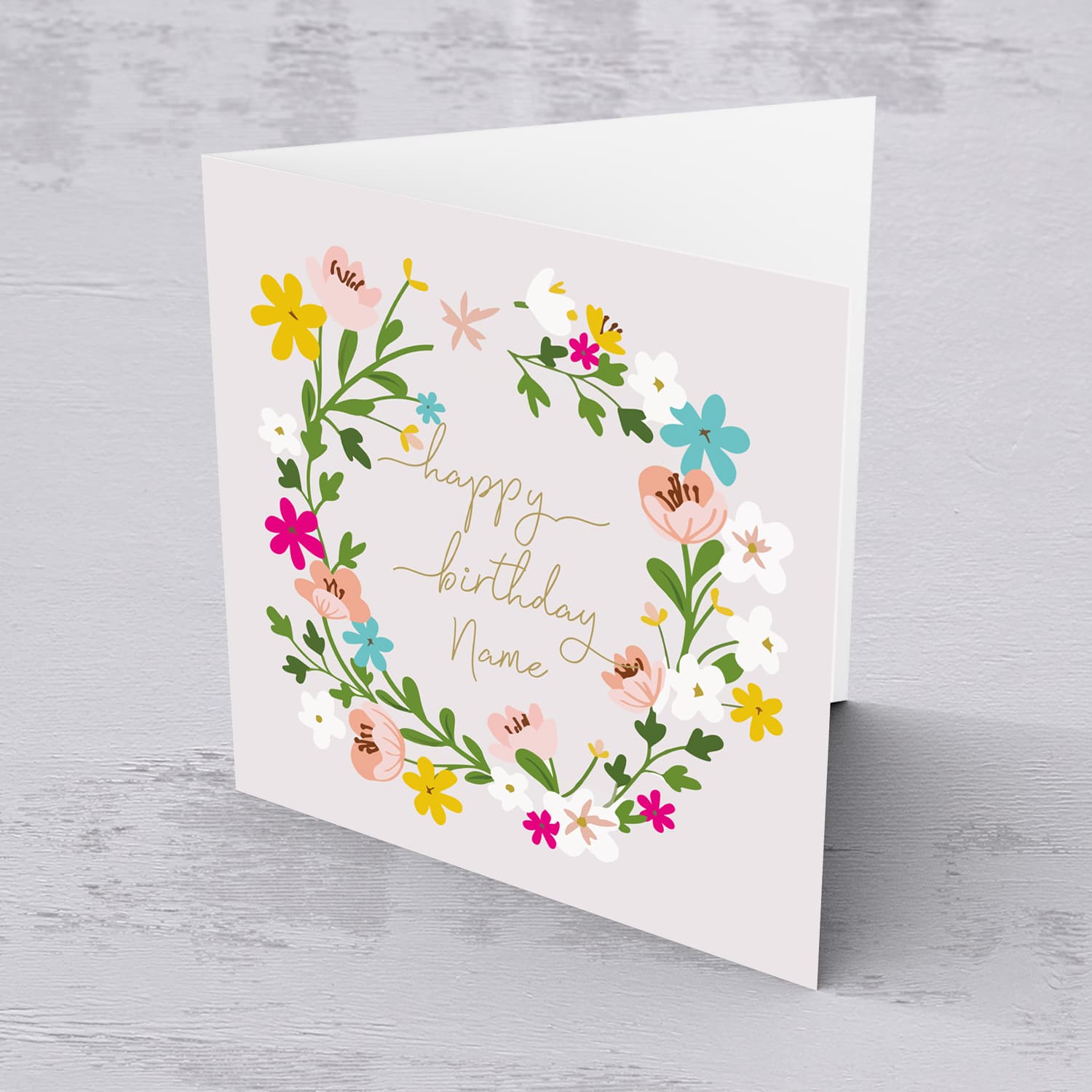 Colourful floral themed birthday card with light pink background in English (personalisable)