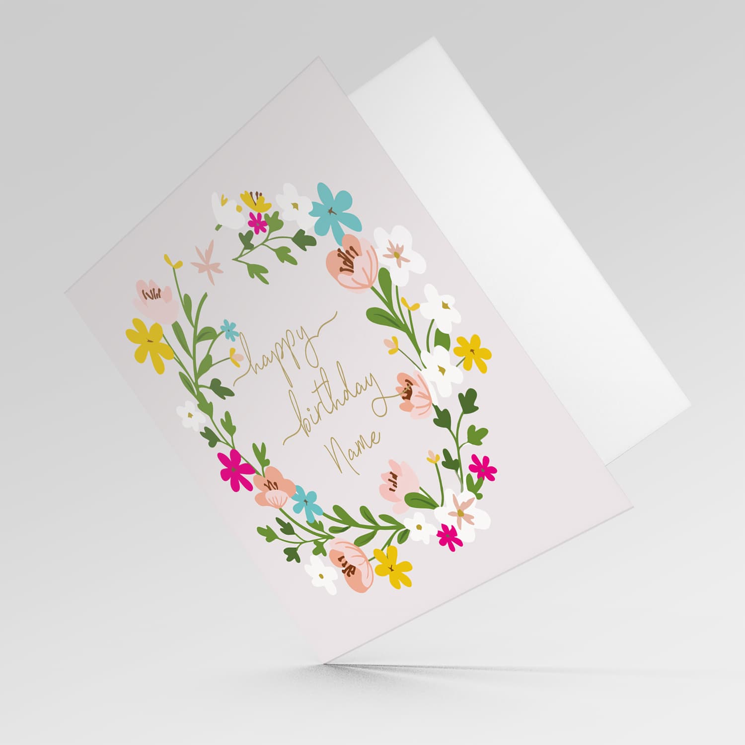 Colourful floral themed birthday card with light pink background in English (personalisable)