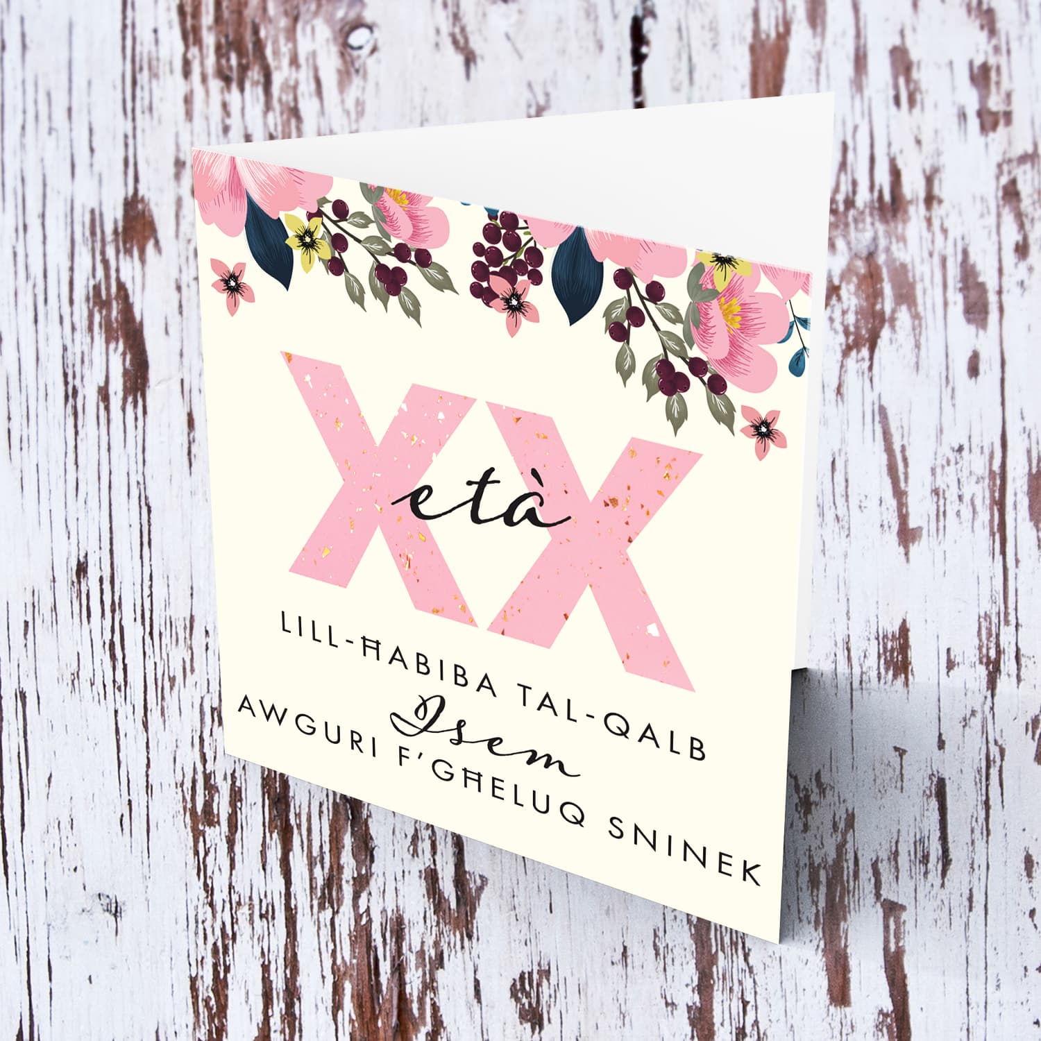 A beautiful floral birthday card for your bestie in Maltese (Personalisable with name and age)