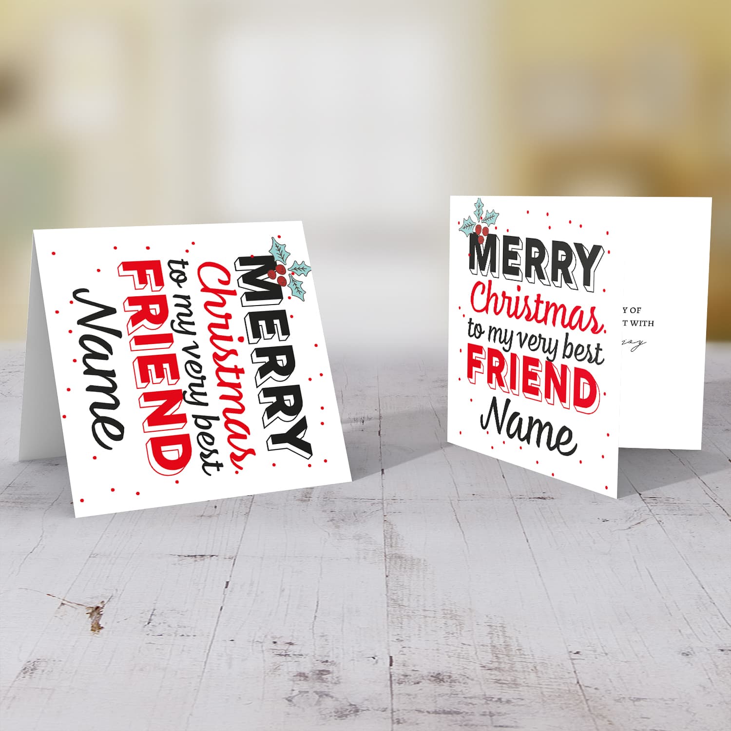 Best Friend - Merry Christmas and a Happy New Year personalisable Xmas card with scattered red dots and Christmas Holly for my very best friend in English