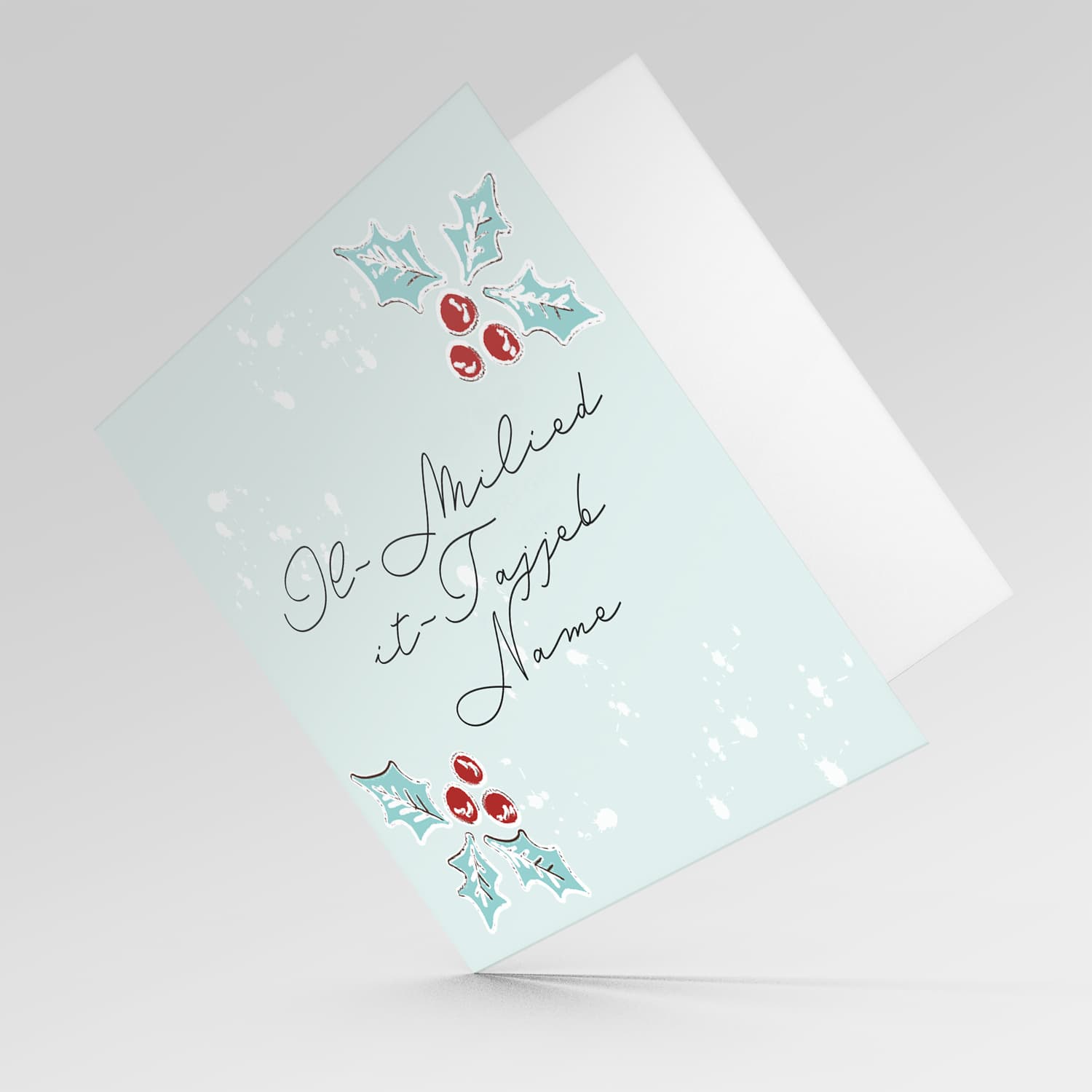 Christmas holly, scattered snow, and light background open Christmas personalisable card in Maltese