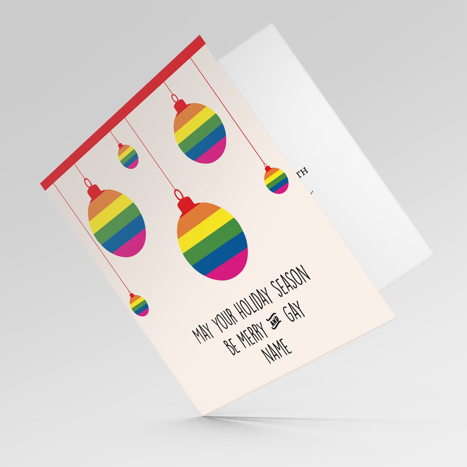 Rainbow hanging baubles personalisable Christmas card in English