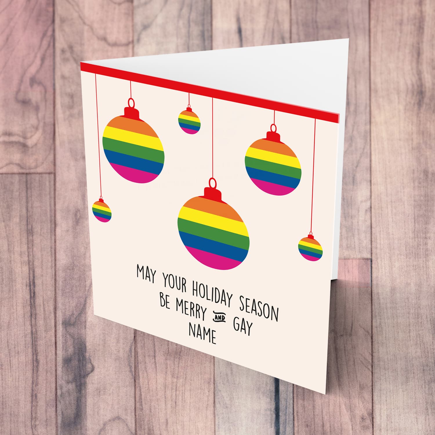 Rainbow hanging baubles personalisable Christmas card in English
