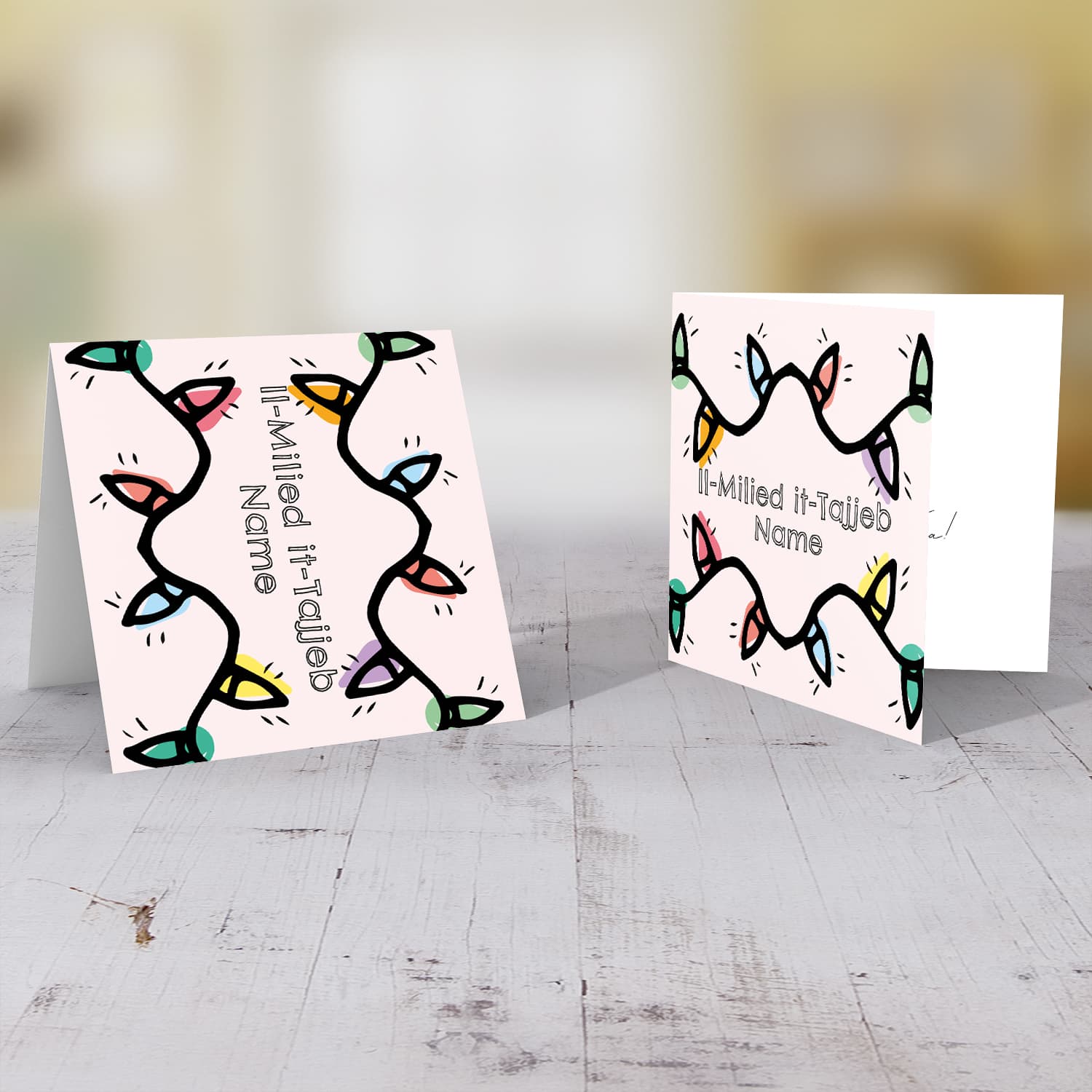 Colourful lightbulb themed christmas card in Maltese (Personalisable)