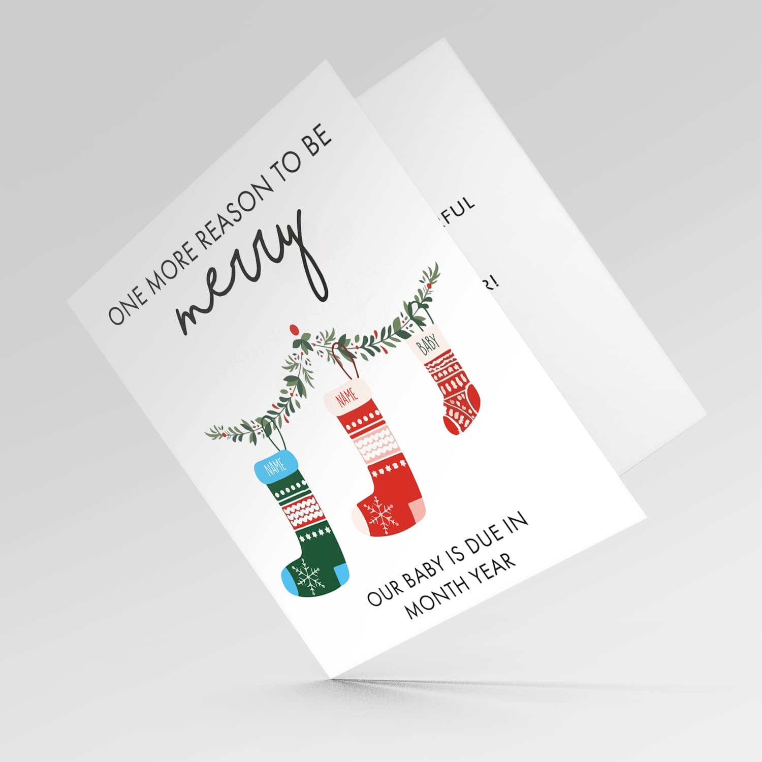 Baby Announcement - One more reason to be merry - Surprise Pregnancy Christmas card in English (Personalisable)