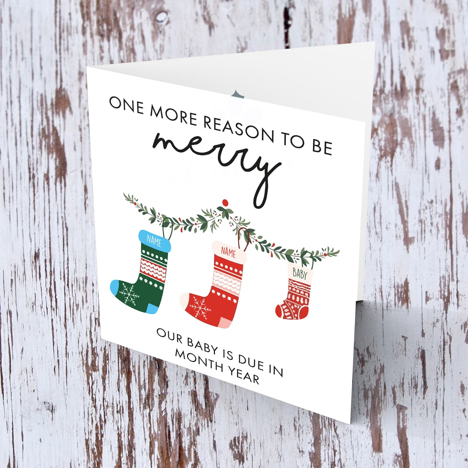 Baby Announcement - One more reason to be merry - Surprise Pregnancy Christmas card in English (Personalisable)