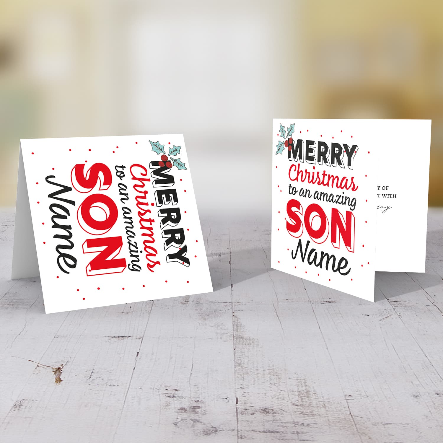 Son - Merry Christmas and a Happy New Year personalisable Xmas card with scattered red dots and Christmas Holly for Son in English