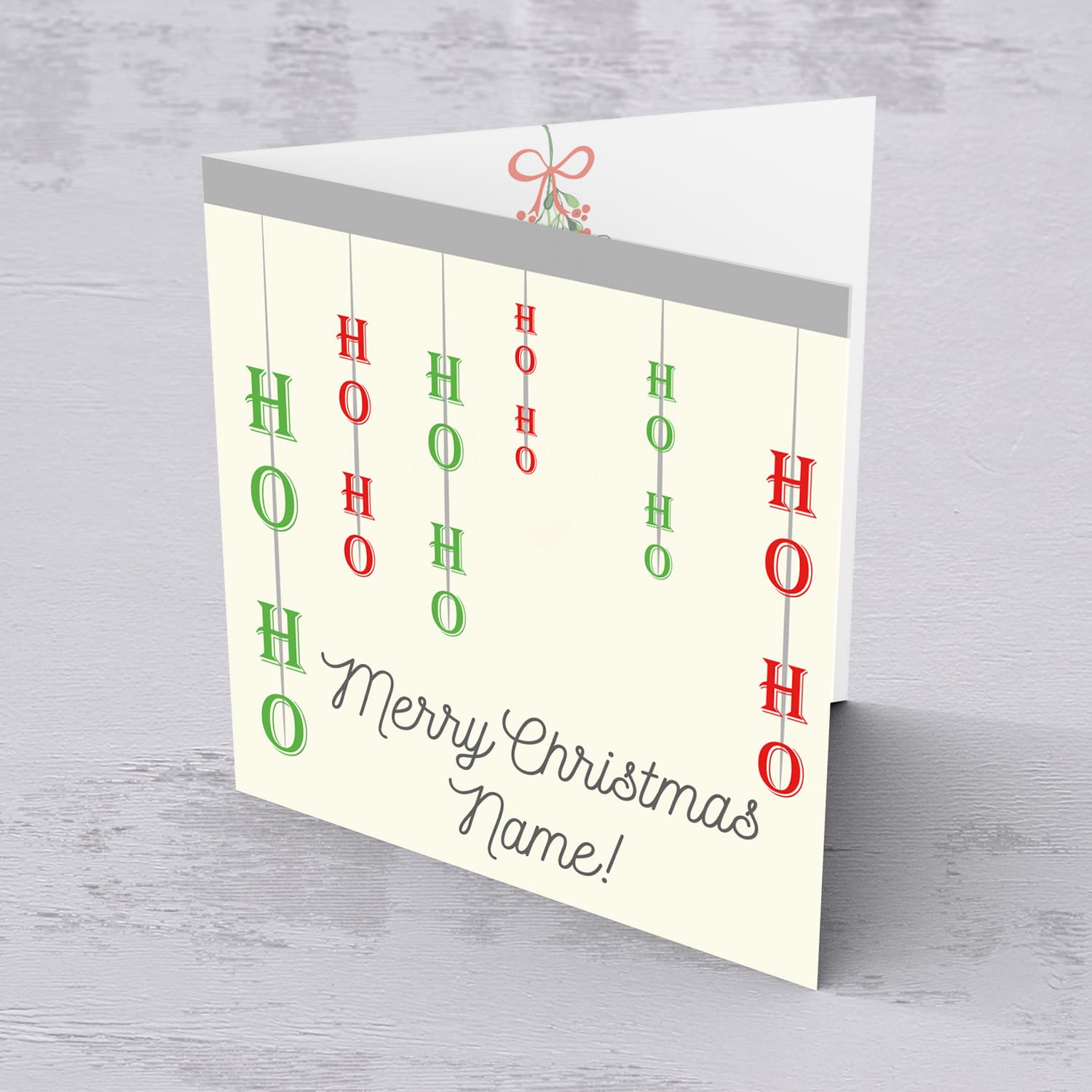 Hanging Ho ho ho personalisable Christmas card in English