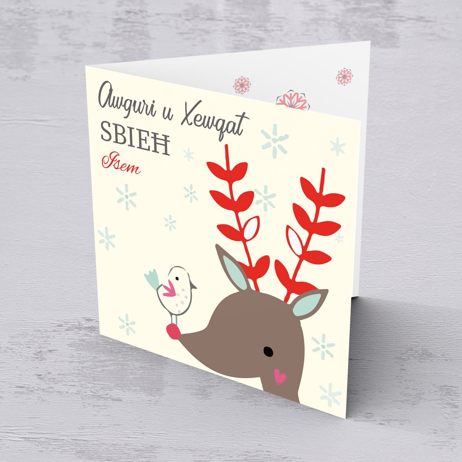 Reindeer themed personalisable Christmas card in Maltese