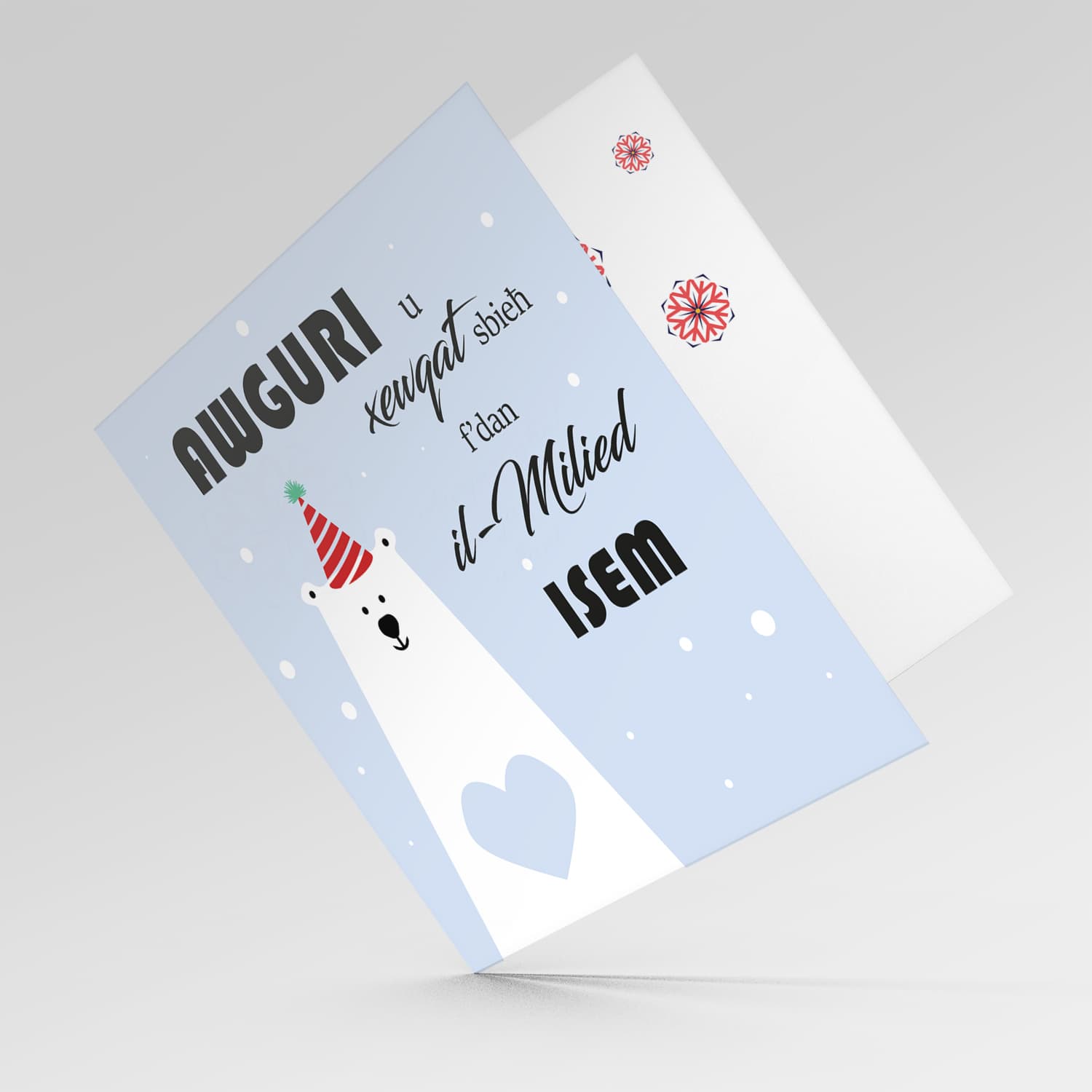 Polar bear with party hat and heart personalisable Christmas card in Maltese