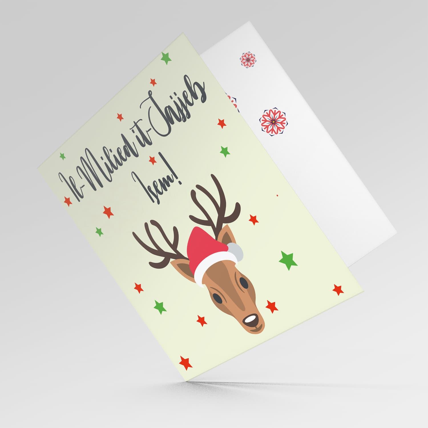 Reindeer themed personalisable Christmas card with scattered stars in Maltese