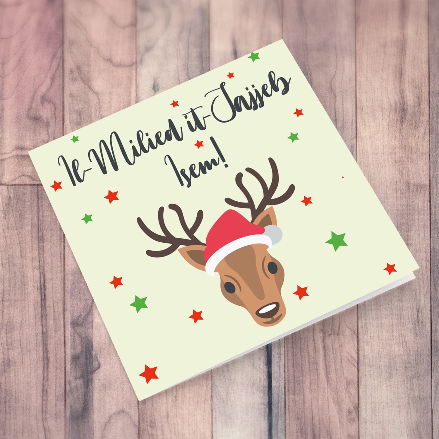 Reindeer themed personalisable Christmas card with scattered stars in Maltese