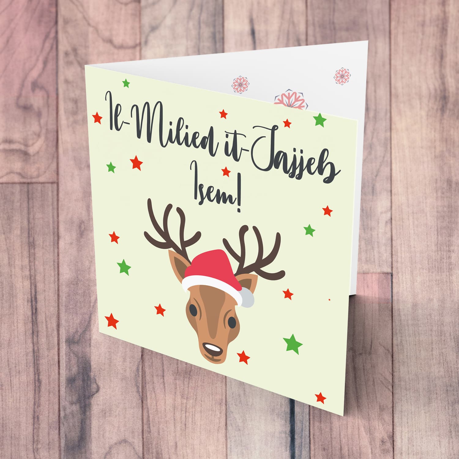 Reindeer themed personalisable Christmas card with scattered stars in Maltese