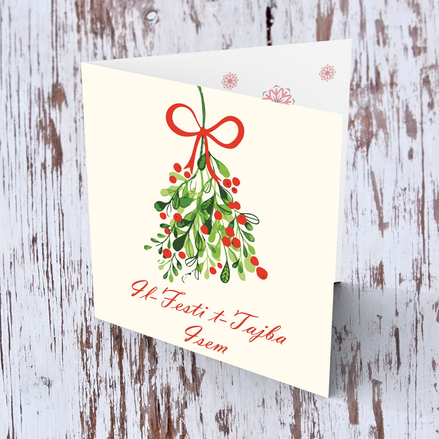 Mistletoe themed Christmas personalisable card in Maltese
