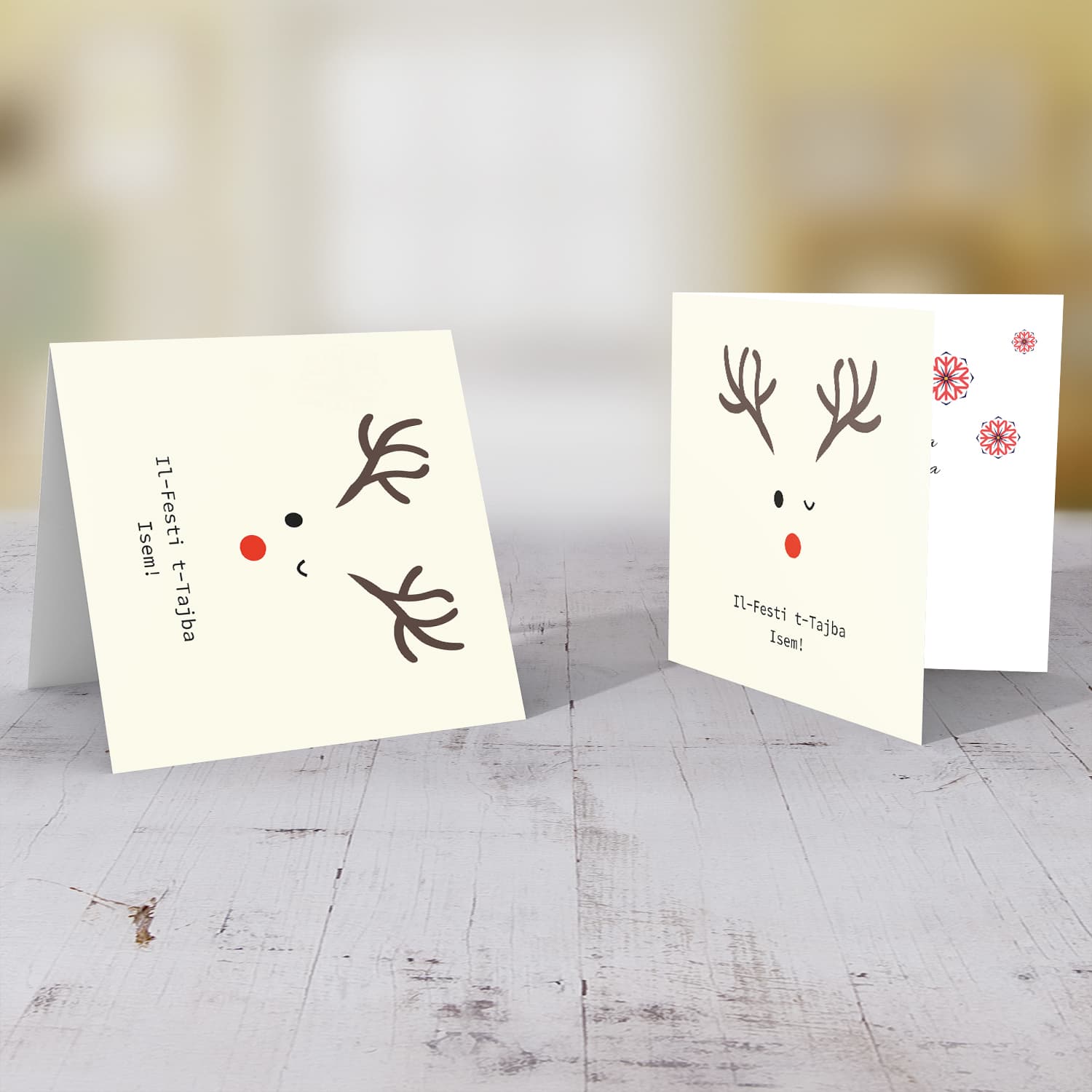 Reindeer themed Christmas personalisable card in Maltese
