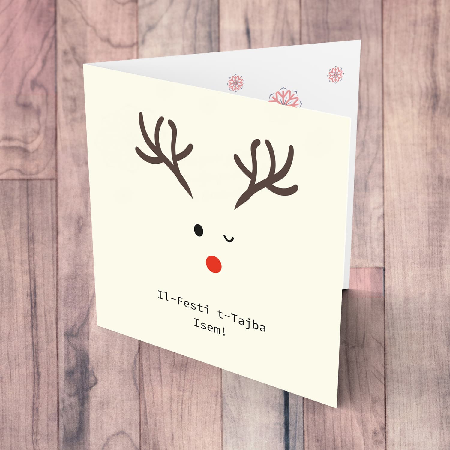 Reindeer themed Christmas personalisable card in Maltese