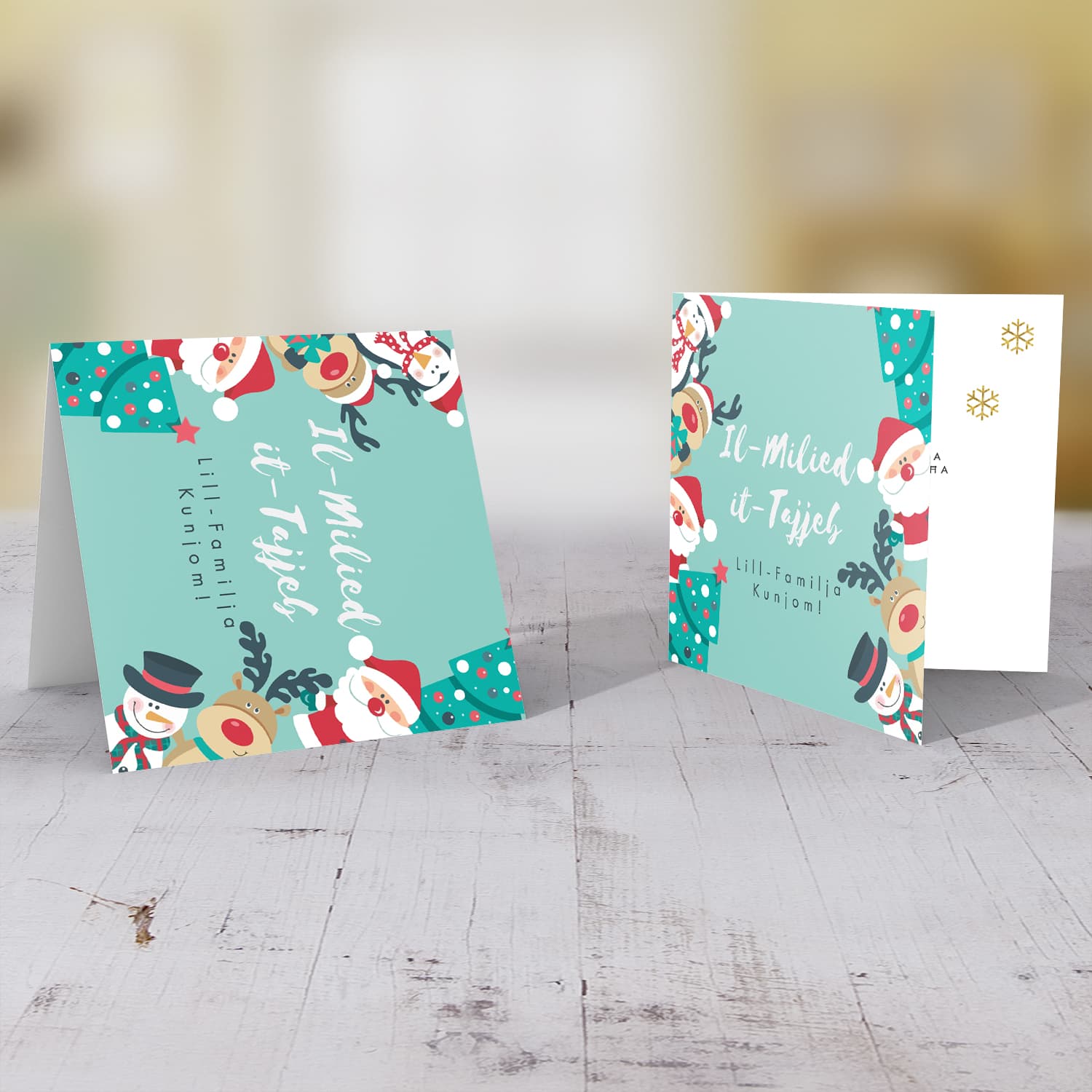 Christmas tree, Santa, Reindeer and snowman Christmas personalisable card in Maltese