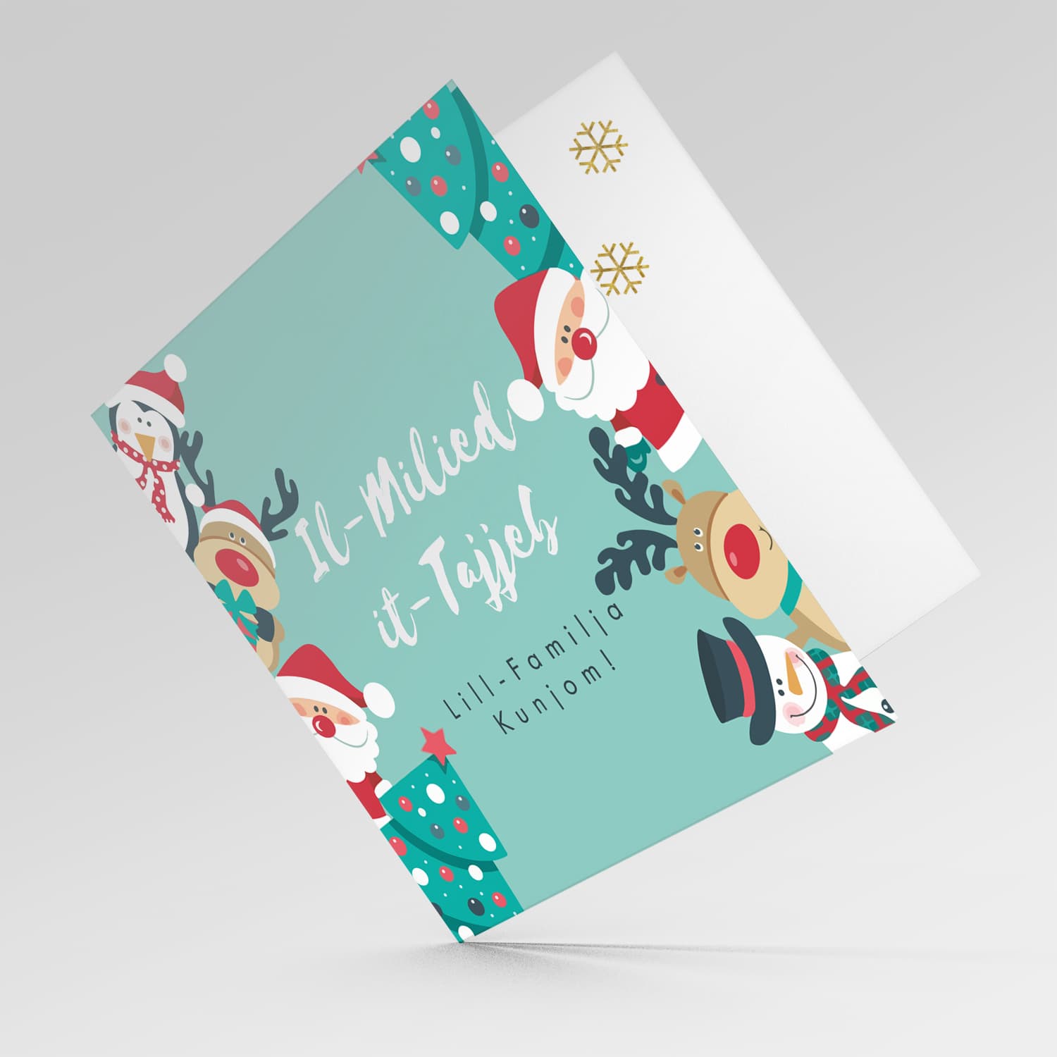 Christmas tree, Santa, Reindeer and snowman Christmas personalisable card in Maltese