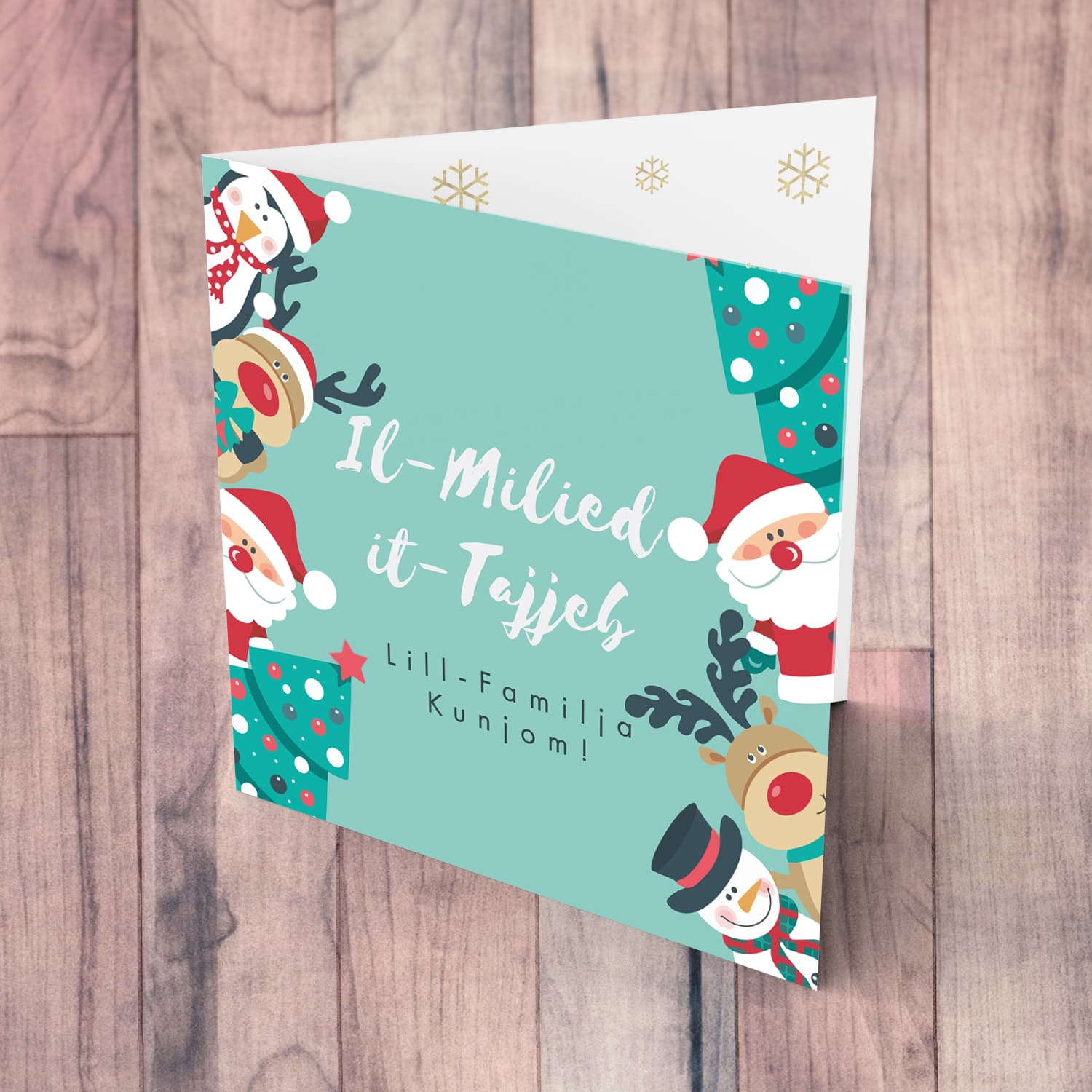 Christmas tree, Santa, Reindeer and snowman Christmas personalisable card in Maltese