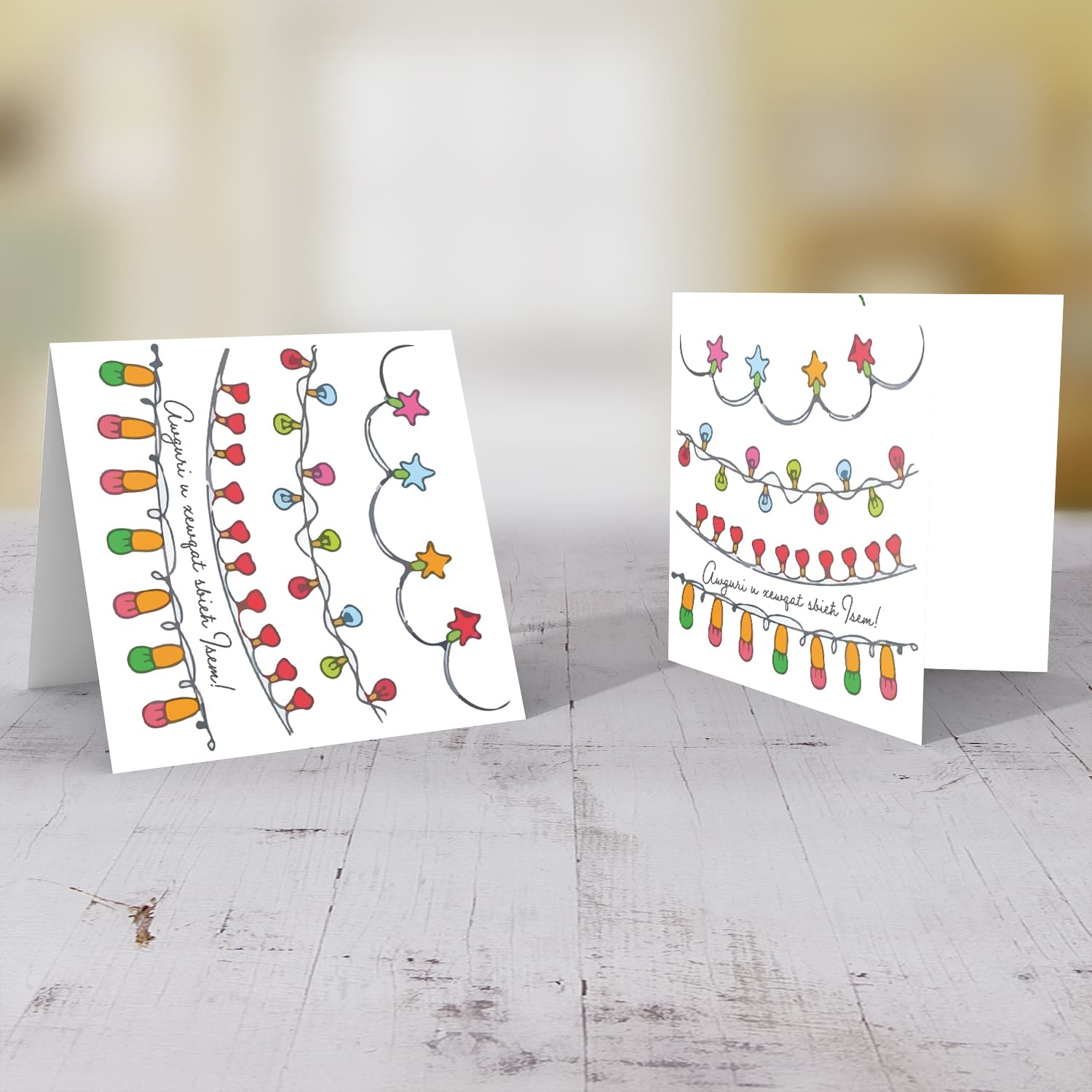 Festive lights themed Christmas personalisable card in Maltese