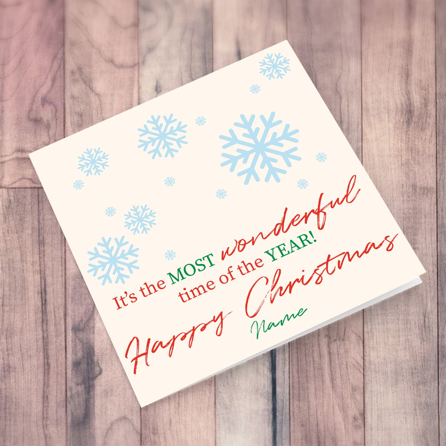 Snowflake themed personalisable Christmas card in English