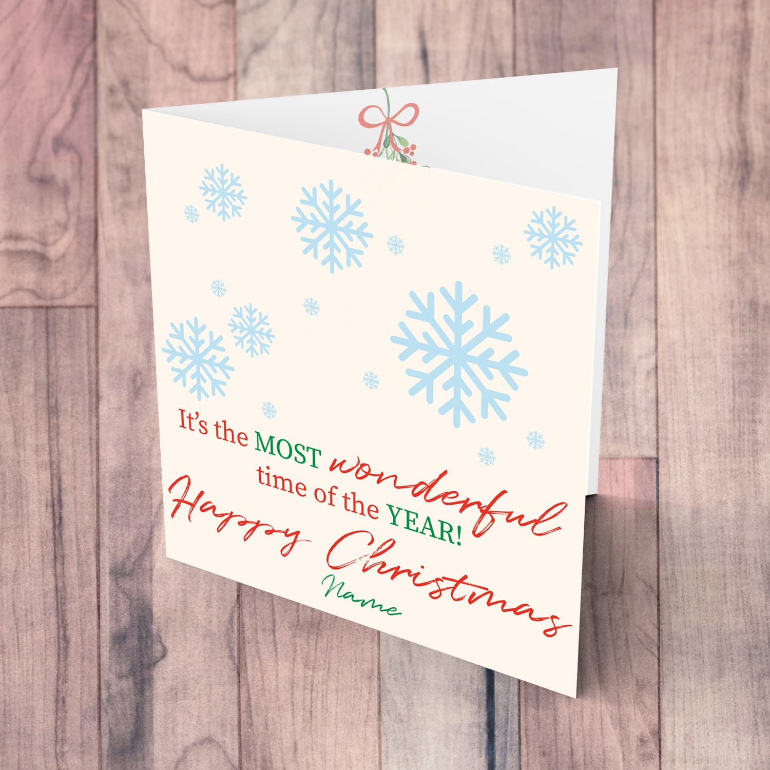 Snowflake themed personalisable Christmas card in English