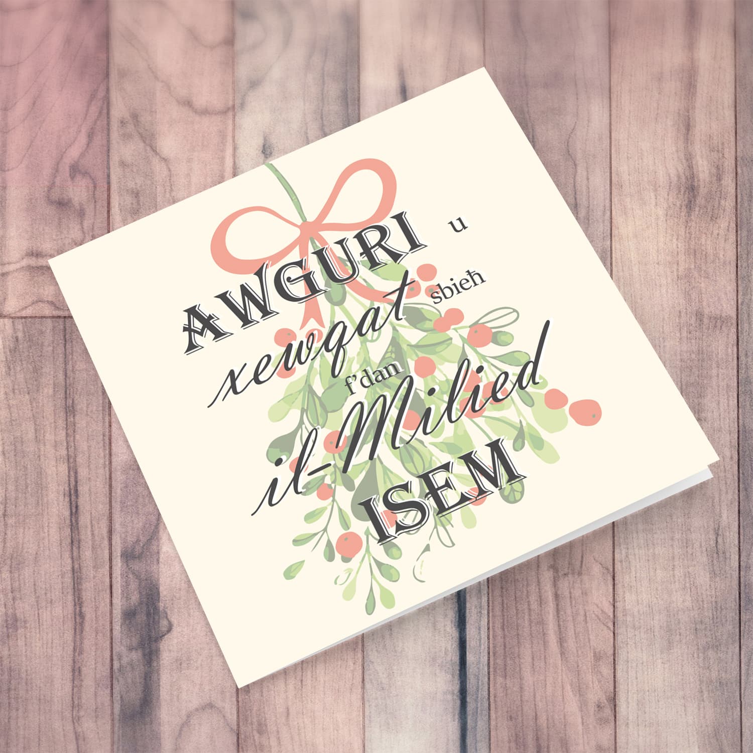 Mistletoe with bow themed Christmas personalisable card in Maltese