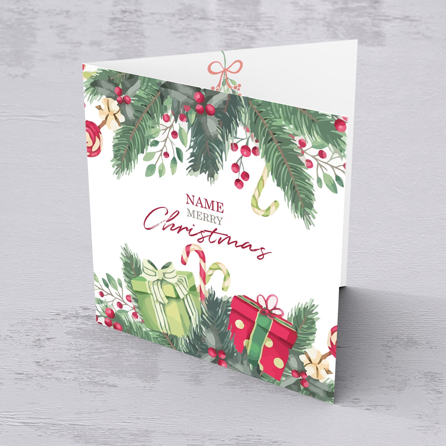 Christmas personalisable card with holly and presents in English