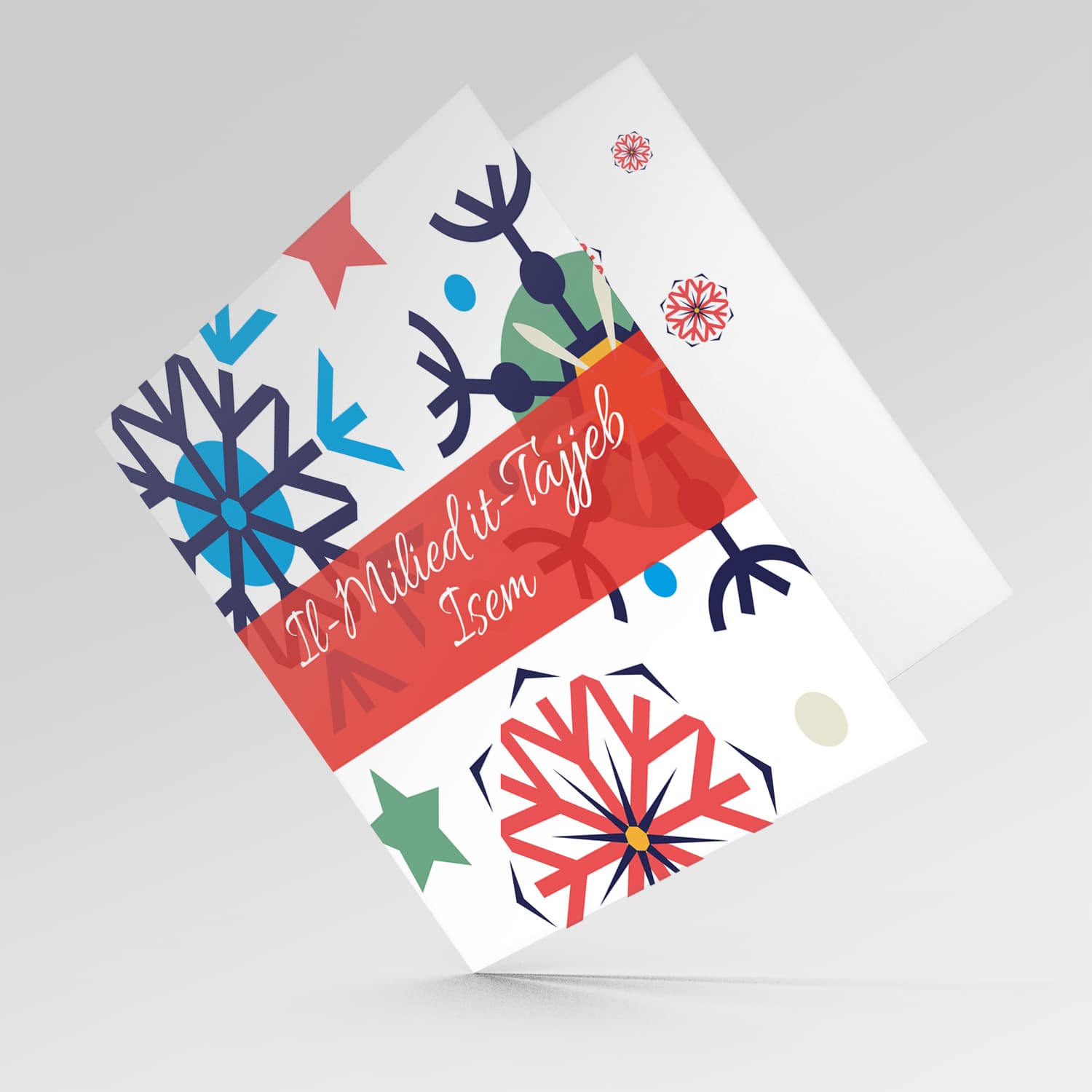 Colourful snowflakes with blue tones Christmas personalisable card for in Maltese