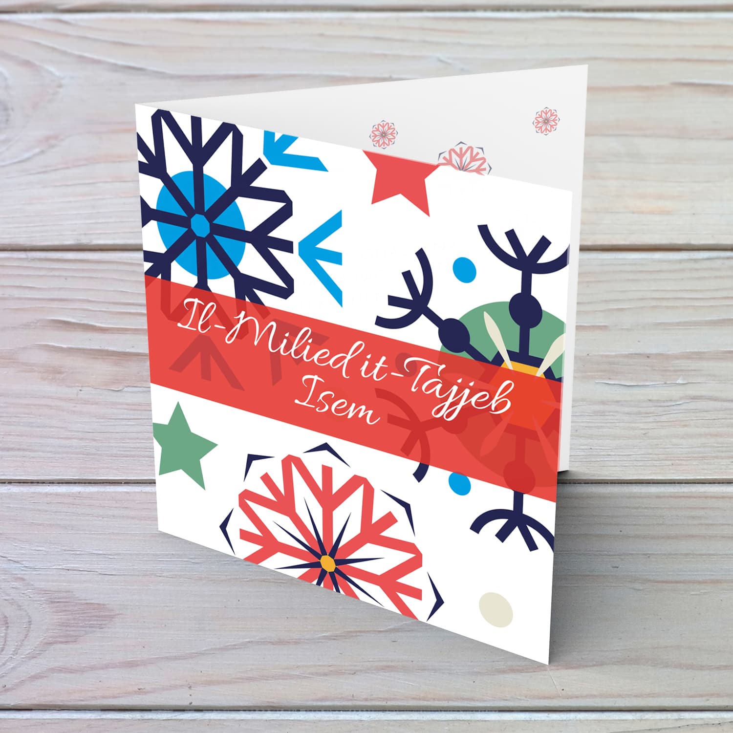 Colourful snowflakes with blue tones Christmas personalisable card for in Maltese