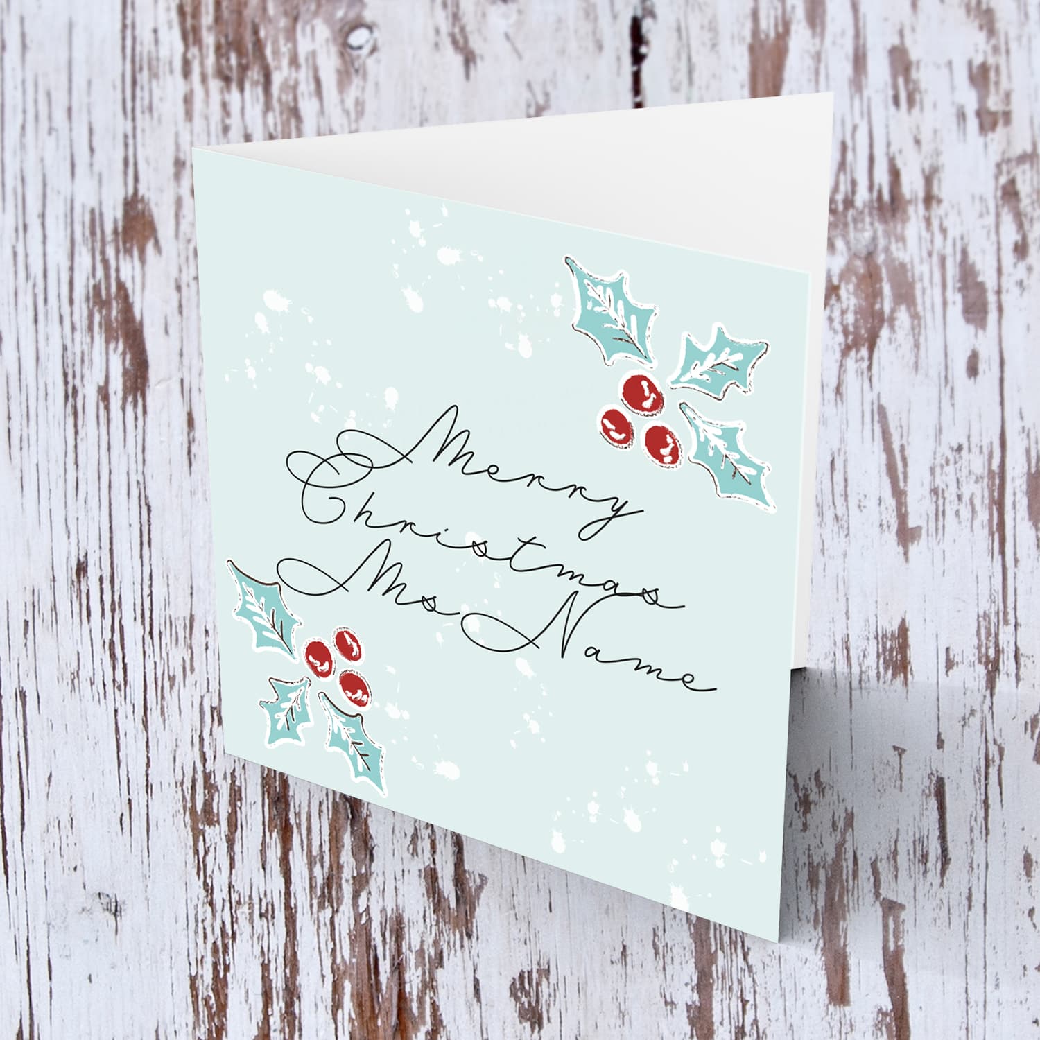 Christmas holly, scattered snow, and light background Christmas card for your teacher / carer / lse / head of school / assistant head  in English (Female & Personalisable)