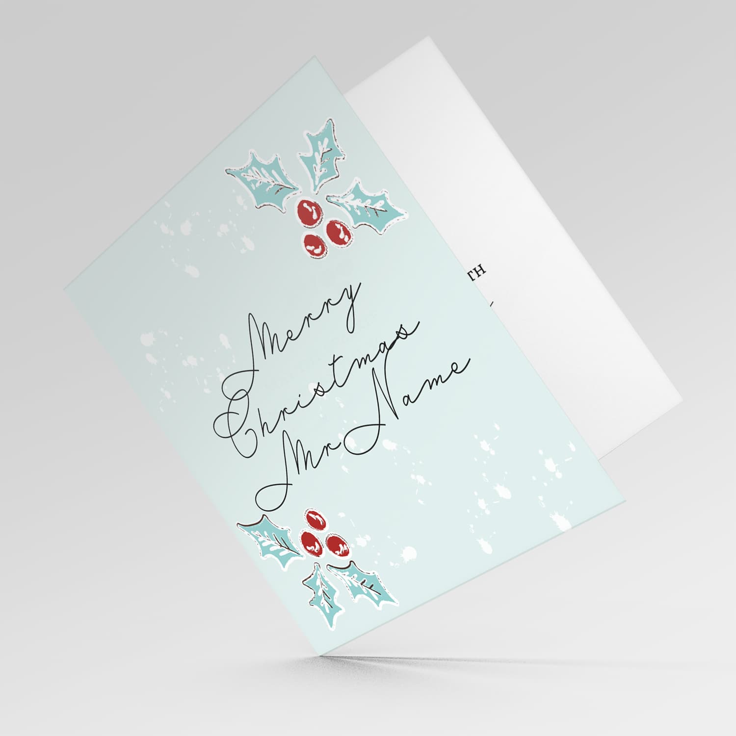 Christmas holly, scattered snow, and light background Christmas card for your MR teacher / LSE / carer / head of school / assistant head (Personalisable) in English (MALE)