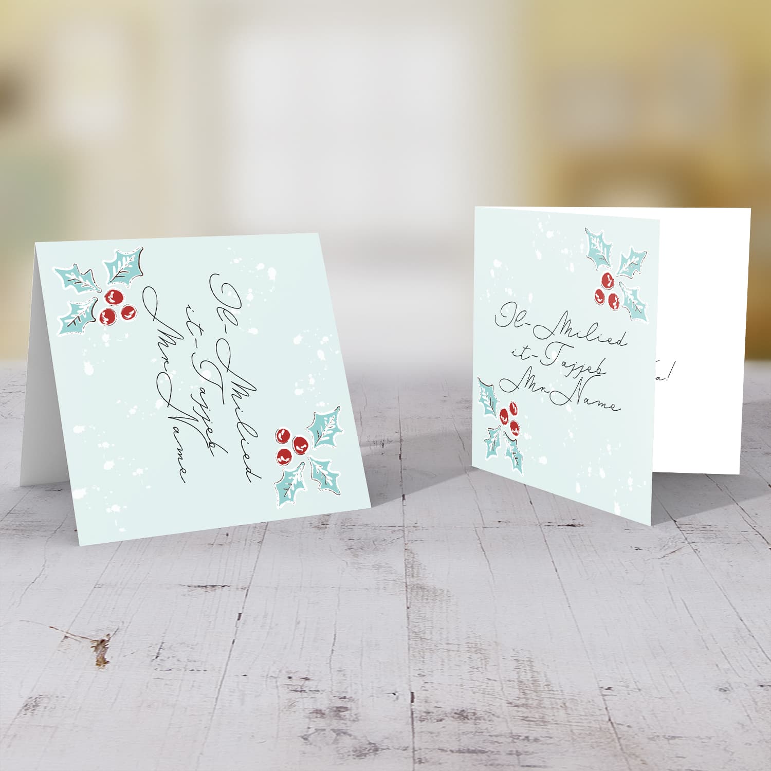 Christmas holly, scattered snow, and light background Christmas card for your MR teacher / LSE / carer / head of school / assistant head (Personalisable) in Maltese (MALE)