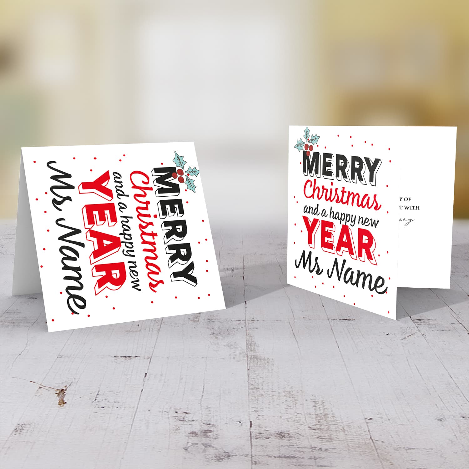 Teacher / lse / head of school/ assistant head/ carer - Merry Christmas and a Happy New Year personalisable Xmas card with scattered red dots and Christmas Holly for female teacher / lse / head of school/ assistant head/ carer in English (FEMALE)