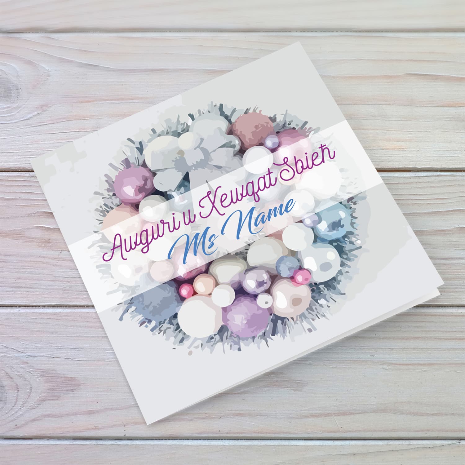 Bauble wreath themed Christmas personalisable card for teacher / assistant head/ head of school / carer / lse (FEMALE) in Maltese