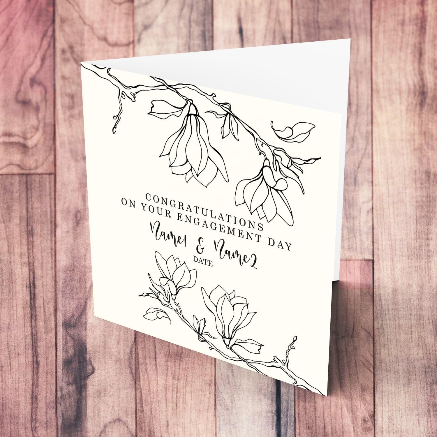 A monochrome engagement card in black text featuring line art flowers in English (Personalisable)