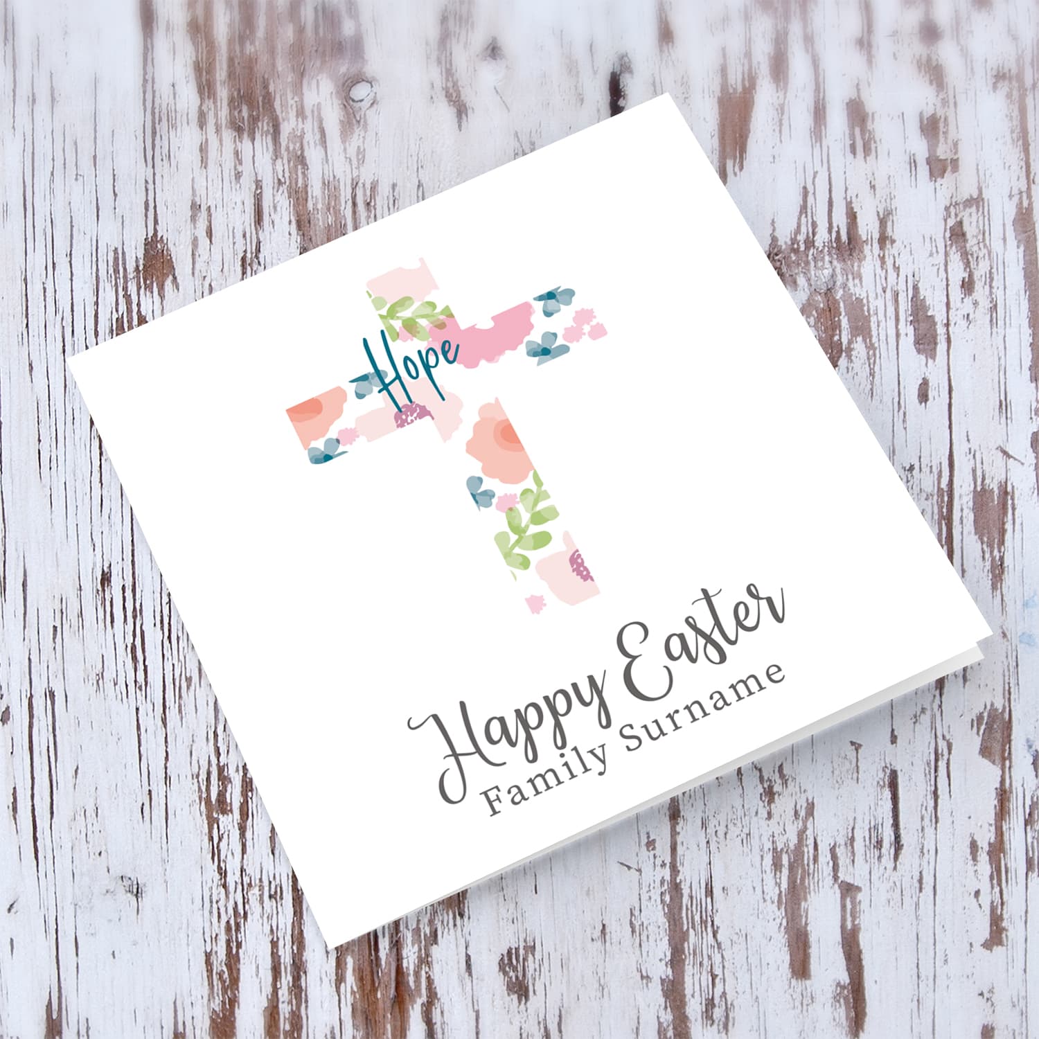 Cross with colourful flowers and hope Easter personalisable card for family Surname in English
