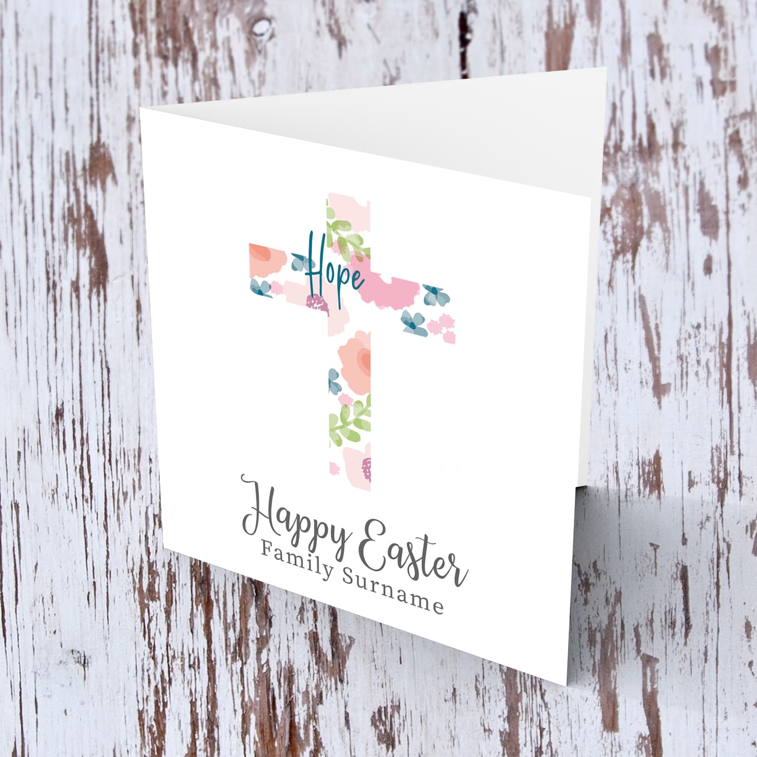 Cross with colourful flowers and hope Easter personalisable card for family Surname in English