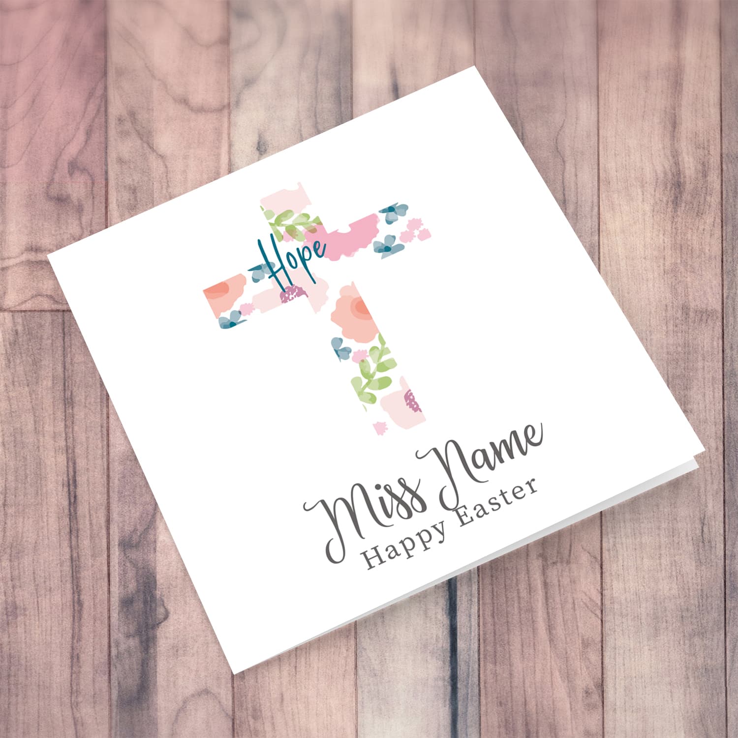 Cross with colourful flowers and hope Easter personalisable card in English