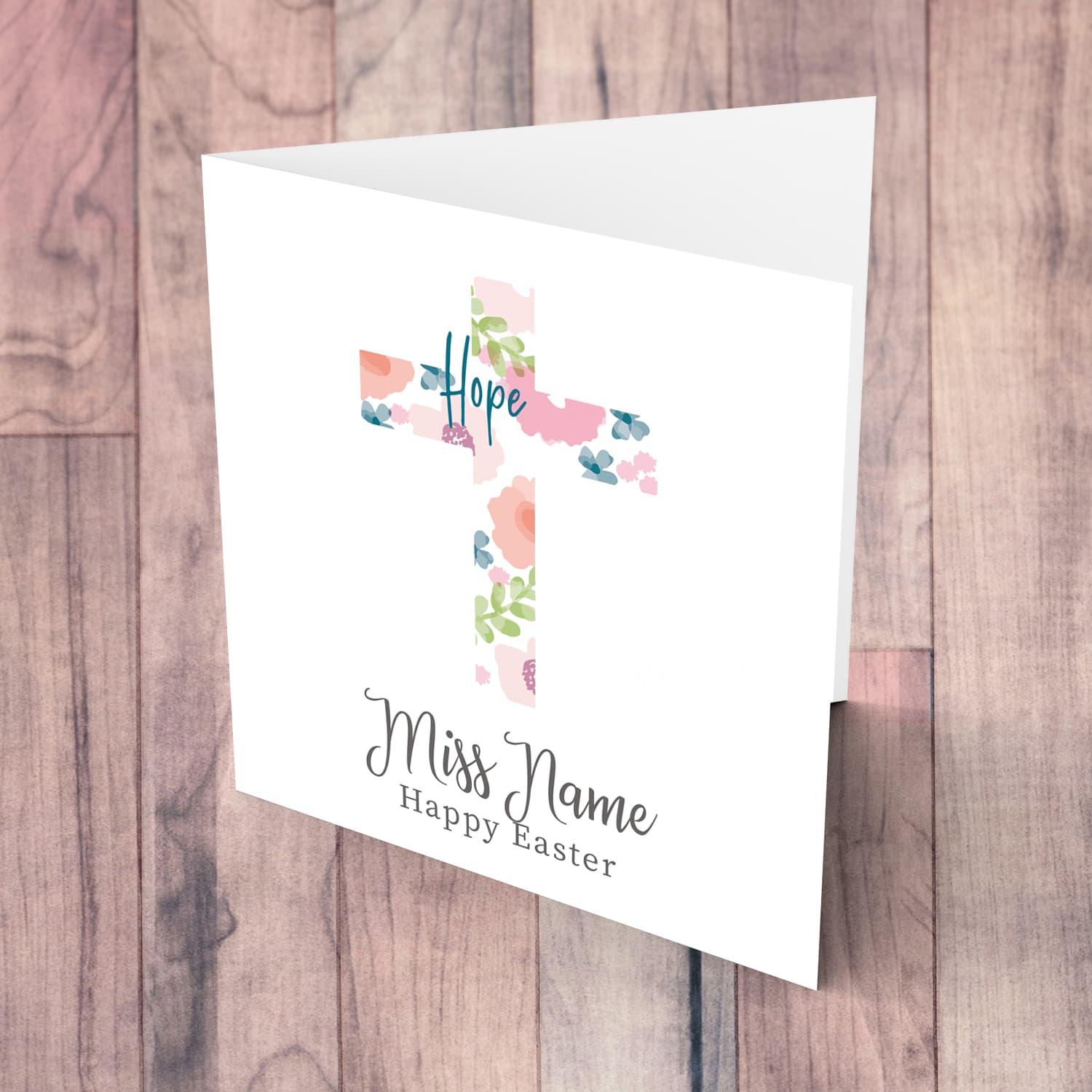 Cross with colourful flowers and hope Easter personalisable card in English