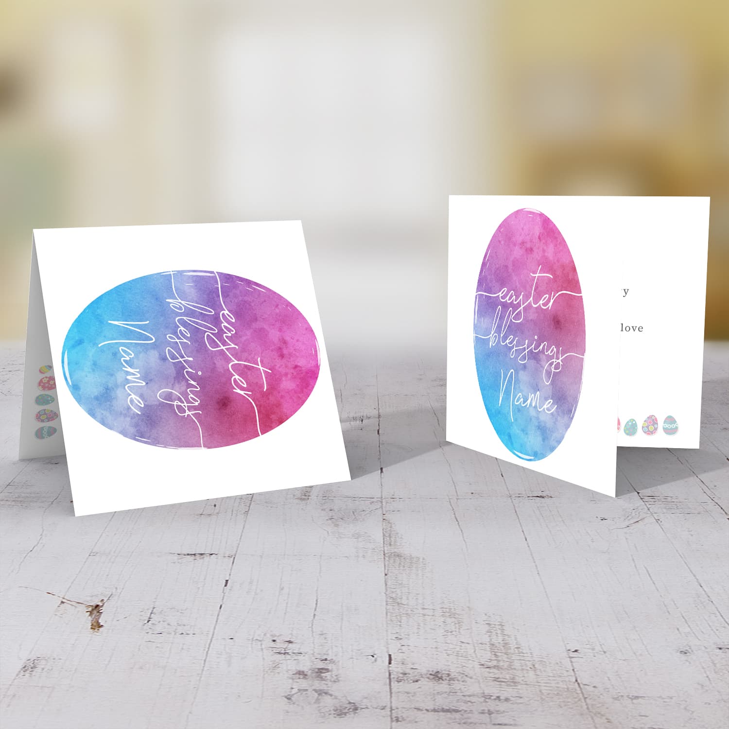 Pink, purple and blue watercolour Easter Egg themed Easter personalisable card in English