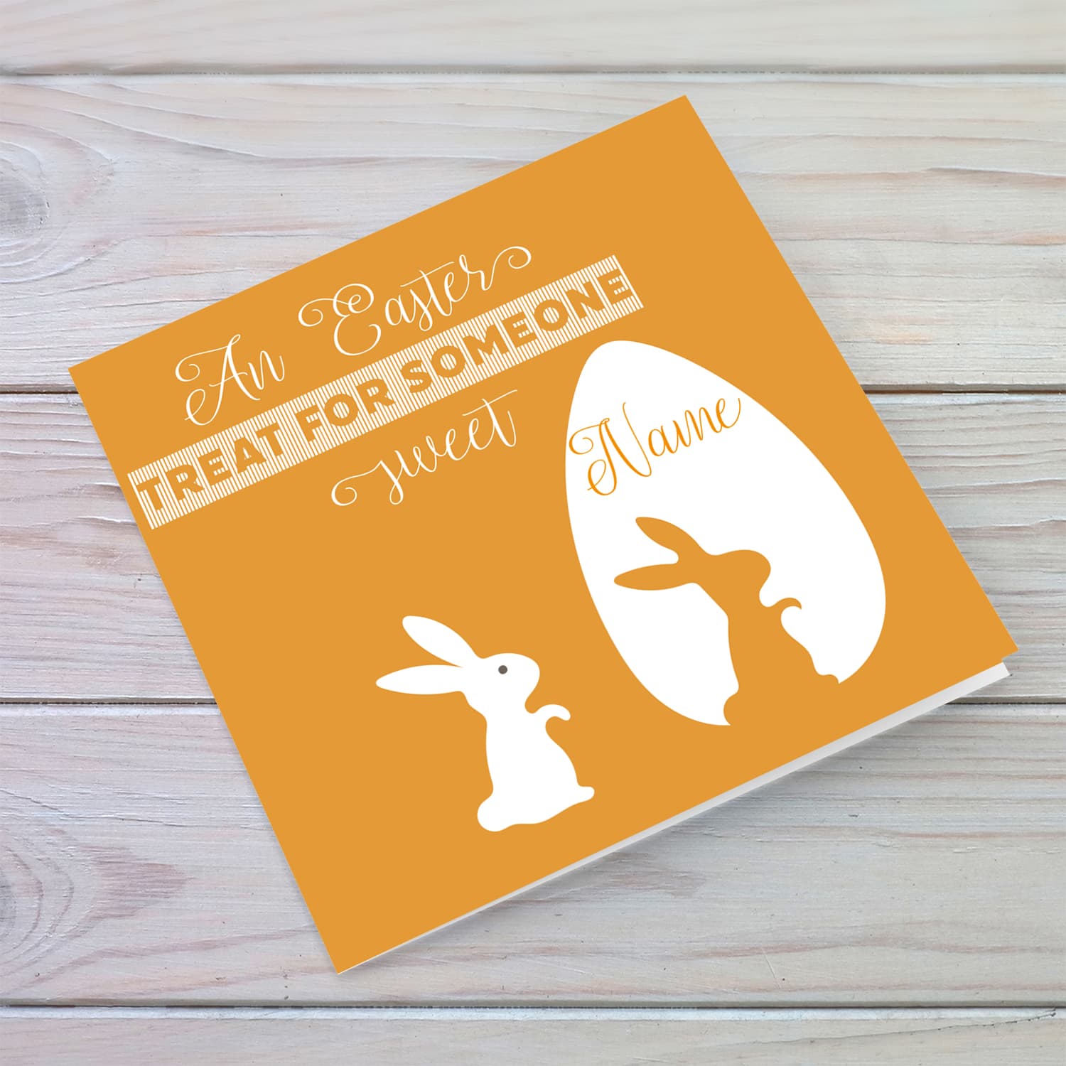 Orange monochrome personalisable Easter card with bunny and egg in English